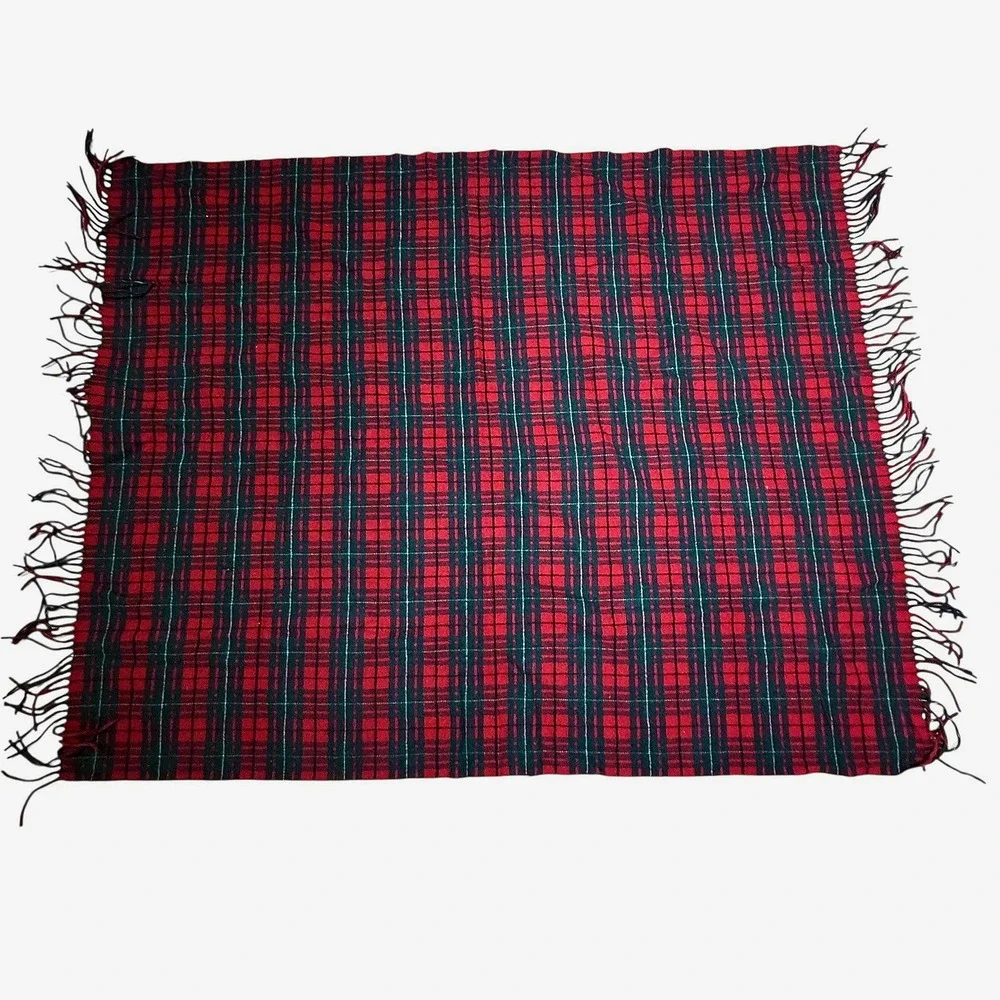 Vintage Pendleton‎ Plaid Wool Blanket Red Green Fringe Throw 100% Virgin Wool